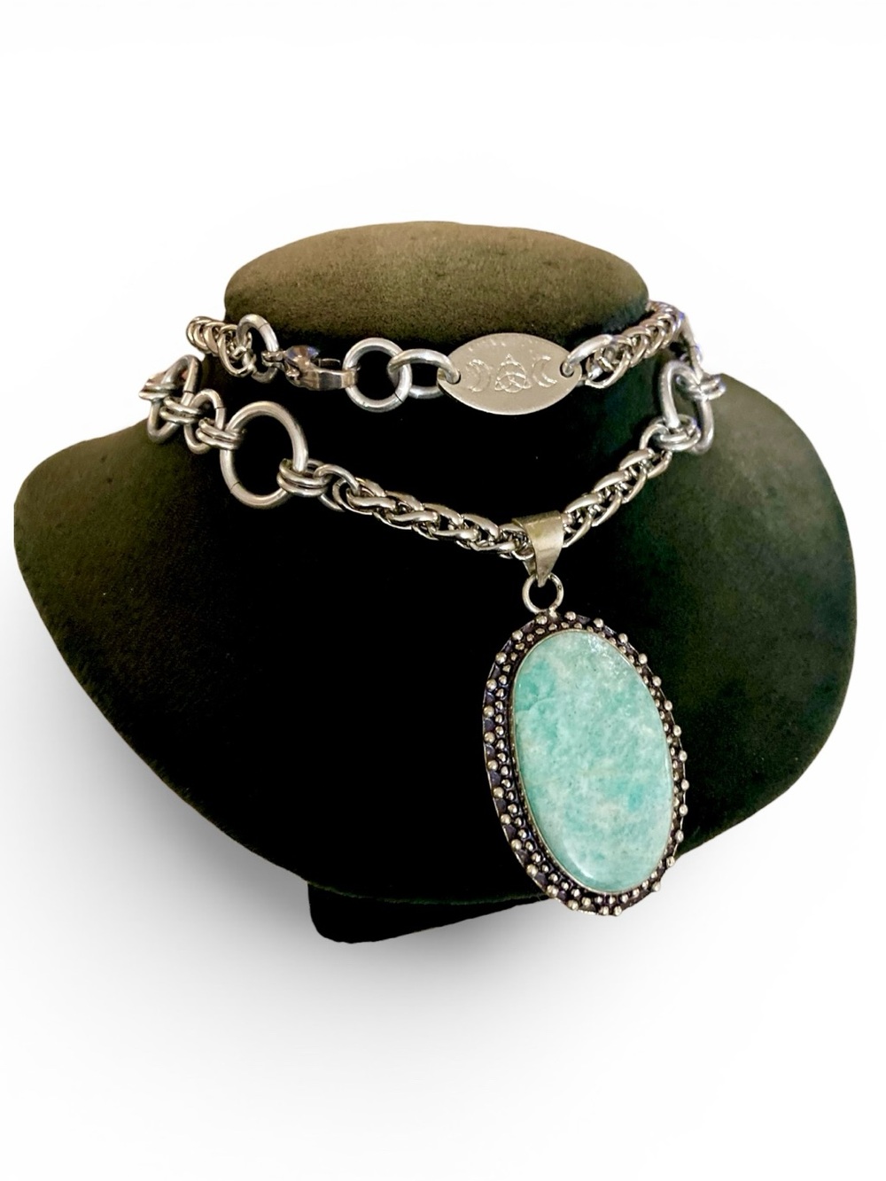 Genuine pale blue amazonite gemstone boho oval medallion charm silver necklace